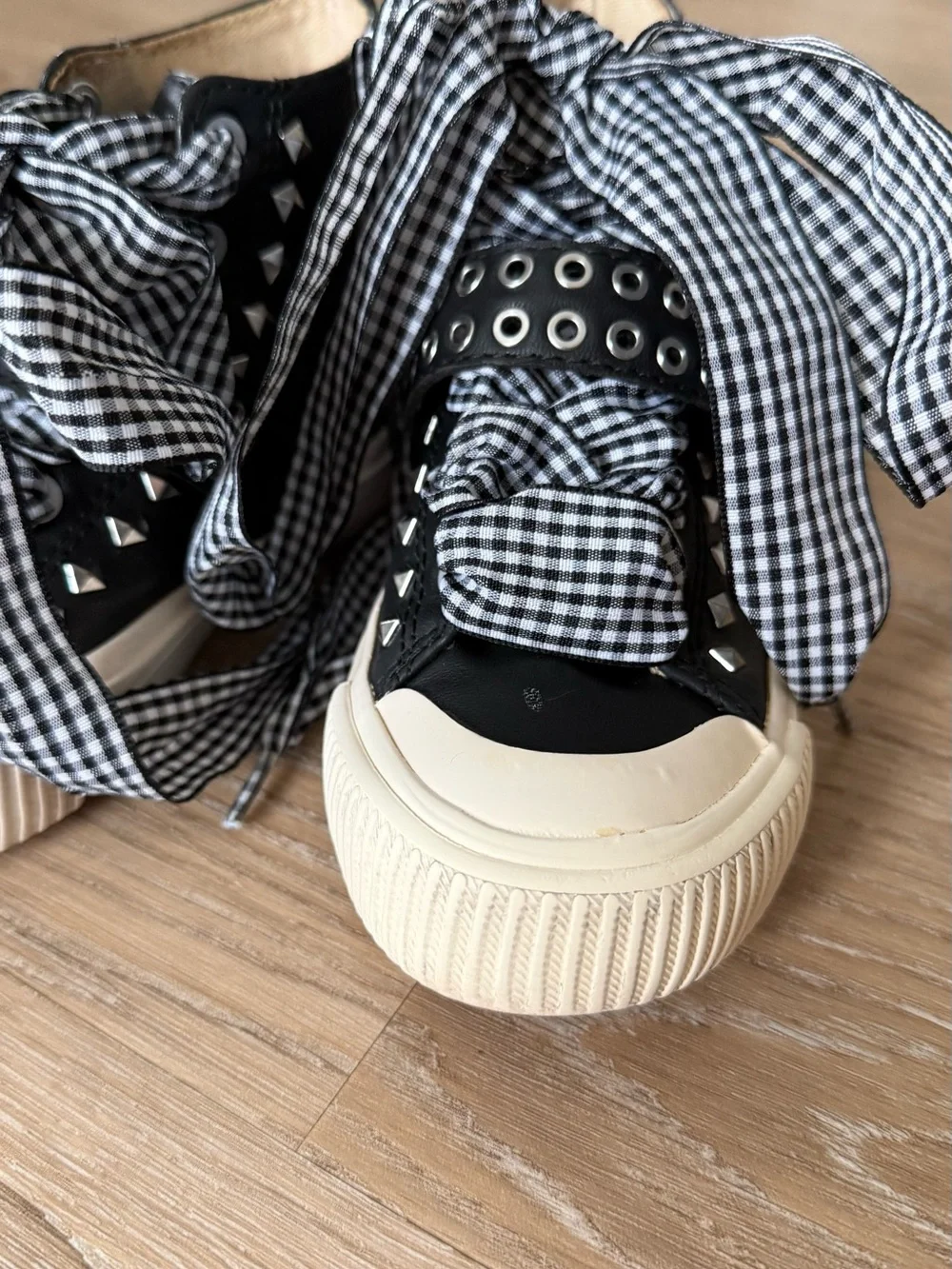 Zara Black High-Top Sneakers with Gingham Ribbon Laces